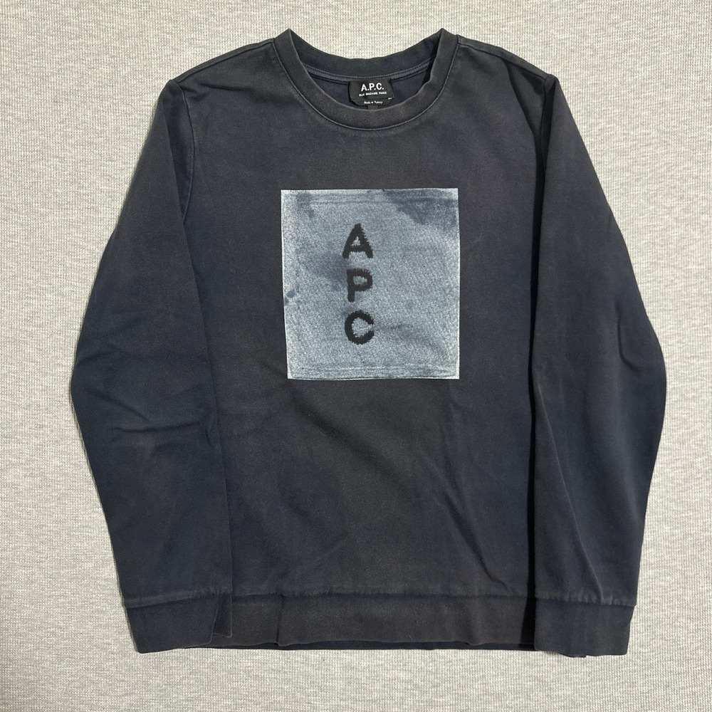 A.P.C. Rue Madame Paris Mens Large Faded Black Logo Print Crewneck Sweatshirt